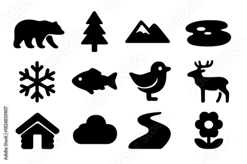 Russian Nature Icons. Russian Nature. Solid icon set of Russian Nature: bear, pine tree, mountain, lake, snowflake, fish, bird, deer, cabin, cloud, river,