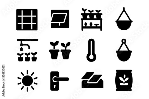 Greenhouse Icon Set. Greenhouse details. Solid icon set of Greenhouse details: glass panels, ventilation window, shelving racks, plant trays, drip irrigation,