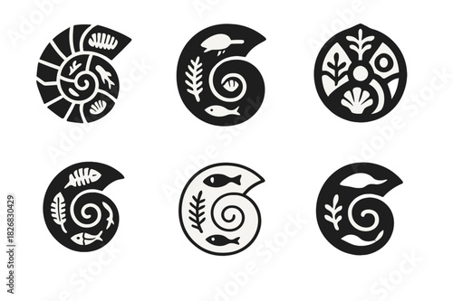 Fossil Logo Variations. Fossils and geological history of nature. Icon set. Set Logo of fossils and geology: geologic timeline spiral. harmonious