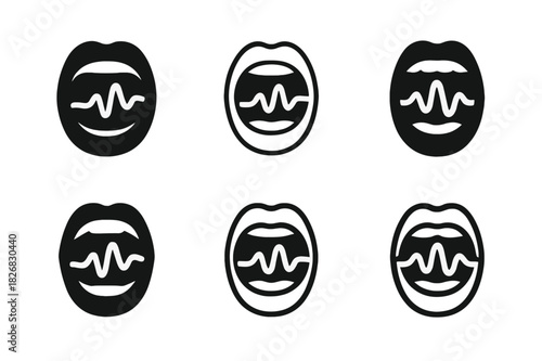 Singing Techniques Icons. Singing and voice modulation techniques. Icon set. Set Logo of Singing and voice modulation techniques: open mouth with melody wave.