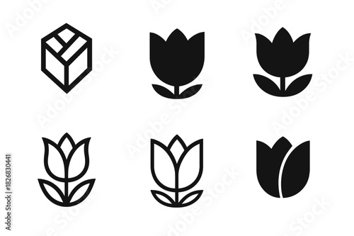 Tulip Logo Variations. Tulip. Icon set. Set Logo of tulip: abstract tulip emblem. harmonious logo variations of the same emblematic concept, each