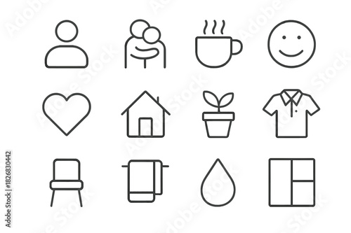 Everyday Icons Collection. Everyday moments. Line icon set of everyday moments: person, hug, coffee cup, smile, heart, home, plant, shirt, chair, towel, drop,