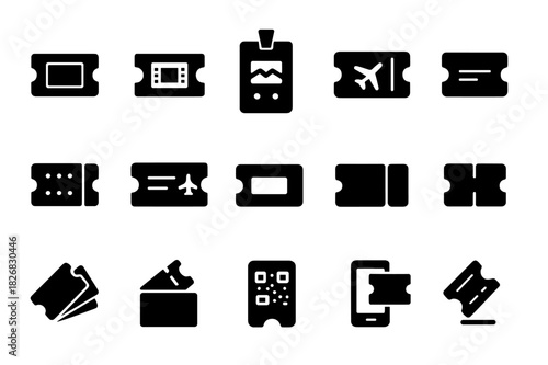 Ticket Icons Set. Ticket collection. Solid icon set of Ticket collection: event ticket, movie ticket, concert pass, travel ticket, raffle ticket, boarding