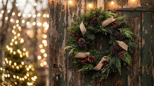 Christmas wreath on rustic wooden door, soft bokeh lights