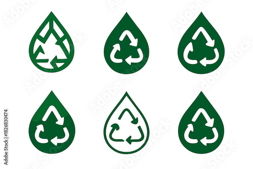 Sustainable Sourcing Logos. Sustainable sourcing of natural resources. Icon set. Set Logo of sustainable sourcing: water droplet with recycling loop.