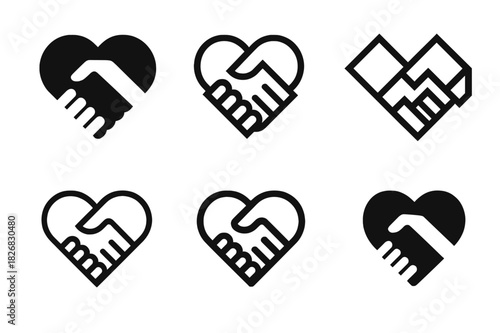 Friendship Trust Logos. Trust and loyalty in friendships. Icon set. Set Logo of trust and loyalty: heart with handshake. harmonious logo variations of the same