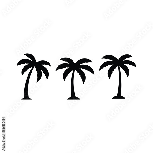 Three tropical black palm tree silhouettes on white background