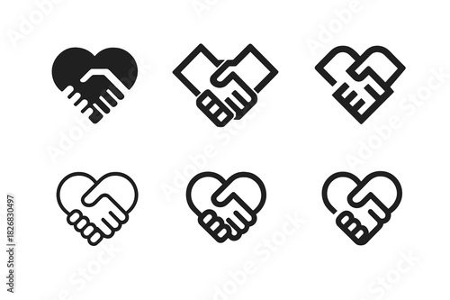 Friendship Trust Logos. Trust and loyalty in friendships. Icon set. Set Logo of trust and loyalty: heart with handshake. harmonious logo variations of the same