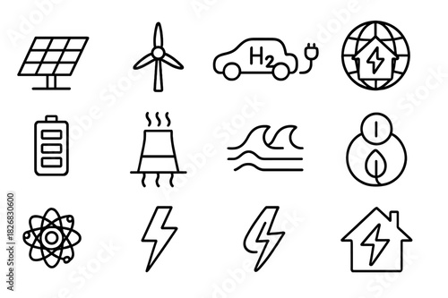 Future Energy Icons. Energy of the Future. Line icon set of Energy of the Future: solar panel, wind turbine, hydrogen fuel cell, electric car, smart grid,