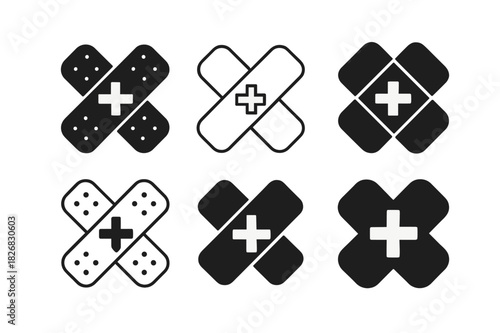 Plaster Patch Logos. Plaster patch. Icon set. Set Logo of Plaster patch: medical plaster with plus sign in center. harmonious logo variations of the same