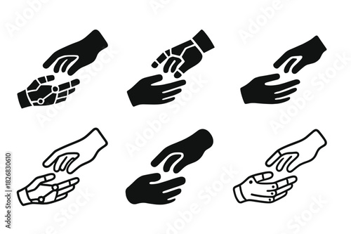 Transhumanism Icon Set. Transhumanism and technology integration. Icon set. Set Logo of transhumanism and technology integration: Robotic hand touching human