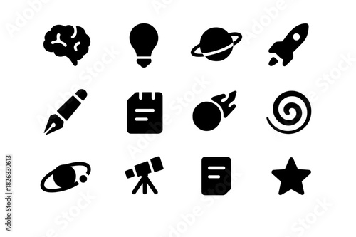 Galactic Icon Set. Galactic ideas. Solid icon set of galactic ideas: brain, light bulb, planet, rocket, pen, notepad, comet, swirl, orbit, telescope, paper,