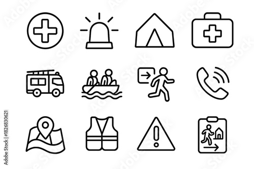 Disaster Response Icons. Disaster response. Line icon set of disaster response: emergency icon, warning siren, shelter tent, first aid box, fire truck, flood
