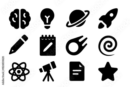 Galactic Icon Set. Galactic ideas. Solid icon set of galactic ideas: brain, light bulb, planet, rocket, pen, notepad, comet, swirl, orbit, telescope, paper,
