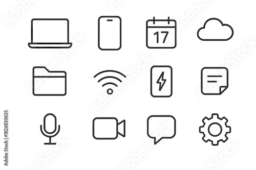Thursday Digital Icon Set. Thursday digital tools. Line icon set of Thursday digital tools: laptop, smartphone, calendar, cloud, file folder, Wi-Fi signal,