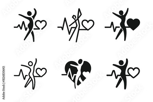 Dance Therapy Icons. dance therapy and emotional healing. Icon set. Set Logo of dance therapy and emotional healing: heartbeat rhythm. harmonious