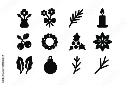 Tabletop Floral Icons. Tabletop florals. Solid icon set of Tabletop florals: vase, flowers, ribbon, pine sprig, candle, berries, small wreath, holly,