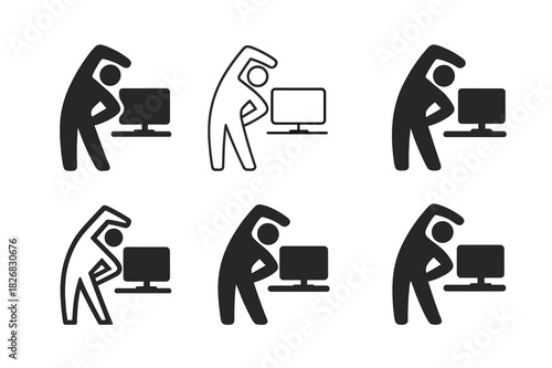 Stretching Logo Set. Taking a break from work to stretch. Icon set. Set Logo of Taking a break from work to stretch: person standing and stretching near