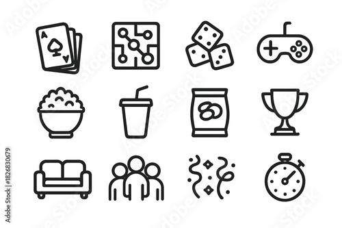 Game Night Icons. Game night. Line icon set of game night: playing cards, board game, dice, joystick, popcorn bowl, soda cup, chips bag, trophy, timer, couch,