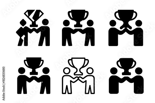 Friendship Support Logos. Supporting friends? personal goals. Icon set. Set Logo of supporting friends? personal goals: shared trophy between two people.