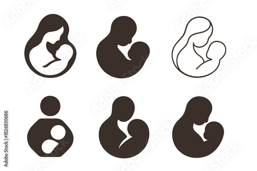 Mother-Child Logo Variations. Birth. Icon set. Set Logo of Birth: mother and child silhouette. harmonious logo variations of the same emblematic concept, each