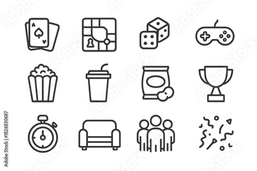 Game Night Icons. Game night. Line icon set of game night: playing cards, board game, dice, joystick, popcorn bowl, soda cup, chips bag, trophy, timer, couch,