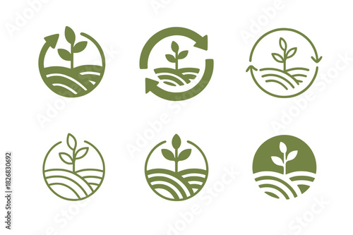 Sustainable Agriculture Logos. Sustainable use of agricultural land and soil health. Icon set. Set Logo of sustainable use of agricultural land and soil