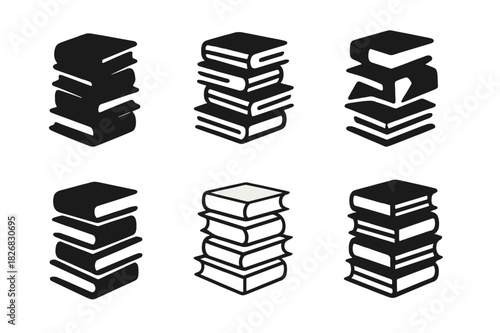 Novel Logos Collection. Pile of novels. Icon set. Set Logo of pile of novels: Tall uneven stack of books. harmonious logo variations of the same emblematic
