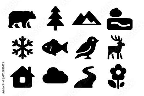 Russian Nature Icons. Russian Nature. Solid icon set of Russian Nature: bear, pine tree, mountain, lake, snowflake, fish, bird, deer, cabin, cloud, river,