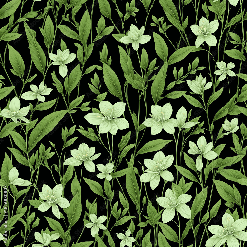 Fototapeta premium Seamless clematis floral seamless pattern with pale blossoms and leafy stems on black background for wallpaper and textile - AI generated