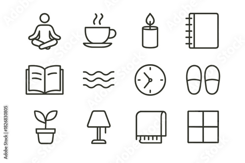Mindful Icon Collection. Mindful Moments. Line icon set of Mindful Moments: meditation pose, cup of tea, candle, journal, open book, calming waves, clock,