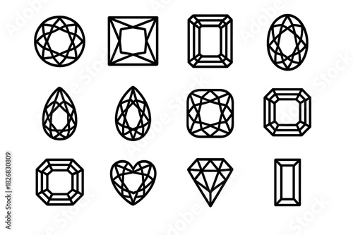 Gem Shapes Icons. Gem shapes. Line icon set of gem shapes: round cut, princess cut, emerald cut, oval cut, pear cut, marquise cut, cushion cut, radiant cut,