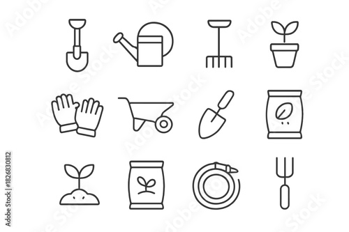 Gardening Icon Set. Gardening Projects. Line icon set of Gardening Projects: shovel, watering can, rake, potted plant, gloves, wheelbarrow, trowel, seeds,