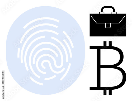 Fingerprint in blue circle, black briefcase, Bitcoin symbol alongside. Ideal for themes of identity verification, digital security, cryptocurrency, finance, blockchain technology, business