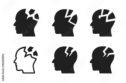 Frustration Logo Variations. Frustration. Icon set. Set Logo of frustration: fragmented head. harmonious logo variations of the same emblematic concept, each