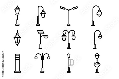Street Lighting Icons Set. Street illumination. Line icon set of Street illumination: lamp post, traditional lamp, modern street lamp, LED light, hanging