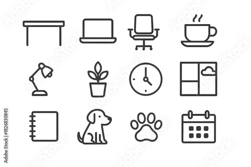 Monochrome Home Office Icons. Home office scene. Line icon set of home office scene: desk, laptop, chair, coffee cup, lamp, plant, clock, notebook, window,