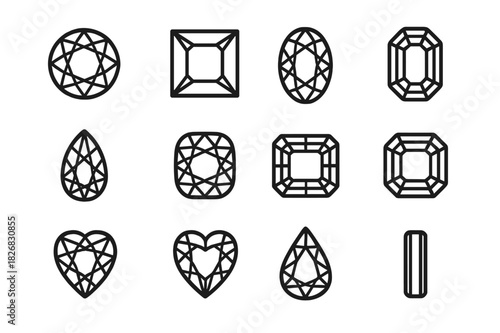Gem Shapes Icons. Gem shapes. Line icon set of gem shapes: round cut, princess cut, emerald cut, oval cut, pear cut, marquise cut, cushion cut, radiant cut,