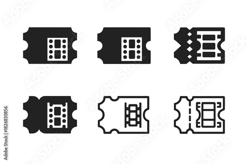 Film Festival Icons. Film festivals. Icon set. Set Logo of film festival: ticket with film strip. harmonious logo variations of the same emblematic concept,