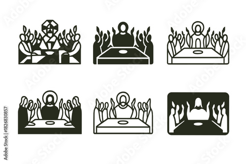Emblematic Last Supper Logos. Last Supper. Icon set. Set Logo of Last Supper: apostles with raised hands. harmonious logo variations of the same emblematic