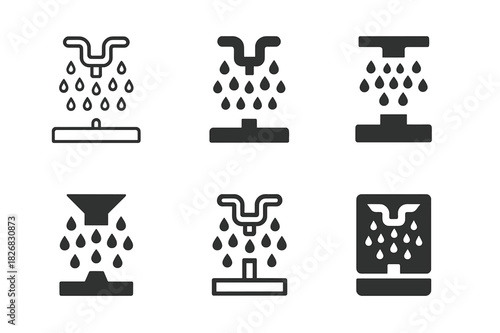 Irrigation Systems Logos. Water-efficient irrigation systems. Icon set. Set Logo of irrigation: sprinkler system with water droplets. harmonious logo