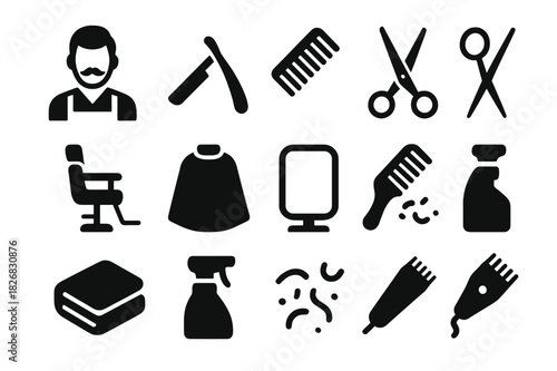 Barbering Icon Set. Barbering session. Solid icon set of Barbering session: barber, straight razor, comb, scissors, barber chair, cape, mirror, hairbrush,