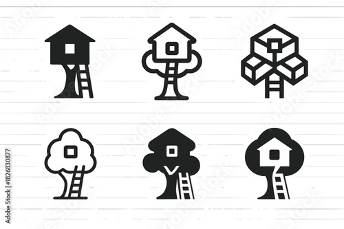 Playhouse Logo Variations. Outdoor playhouse. Icon set. Set Logo of outdoor playhouse: treehouse with ladder. harmonious logo variations of the same emblematic