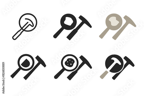 Geologist Icons. Geologist. Icon set. Set Logo of geologist: rock hammer and magnifying glass. harmonious logo variations of the same emblematic concept, each