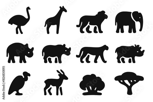 African Wildlife Icons. African wildlife. Solid icon set of African wildlife: ostrich, giraffe, zebra, lion, elephant, rhinoceros, cheetah, warthog, vulture,