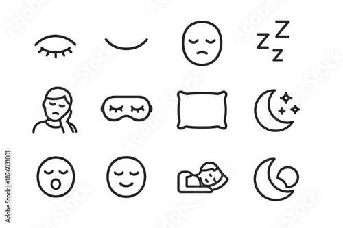 Sleep Icons Collection. Closing your eyes for sleep. Line icon set of closing your eyes for sleep: closed eye icon, eyelid down, face with sleeping expression,