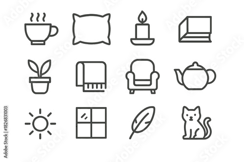Restful Icon Set. Restful Afternoon. Line icon set of Restful Afternoon: cup, pillow, candle, book, plant, blanket, chair, tea pot, sunlight, window, feather,