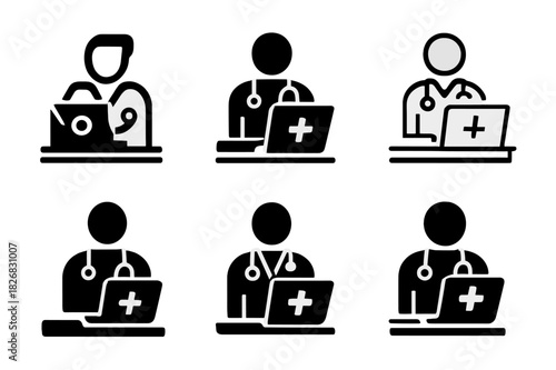 Doctor Logo Variations. Doctor working at a hospital desk. Icon set. Set Logo of doctor working at a hospital desk: laptop with medical cross. harmonious logo