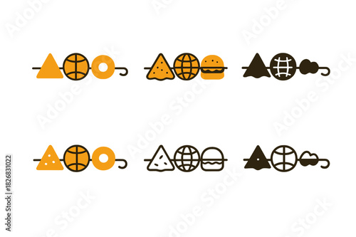 Street Food Icons. International street food and snacks. Icon set. Set Logo of International street food and snacks: skewer with assorted snacks from different