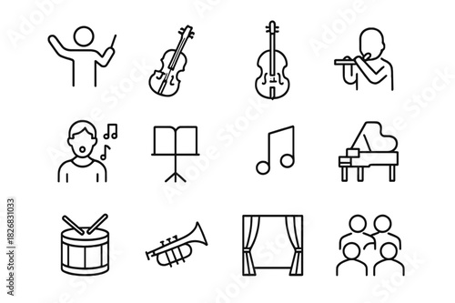 Orchestra Choir Icons. Orchestra and choir. Line icon set of orchestra and choir: conductor, violin, cello, flute, singer, music stand, note, piano, drum,